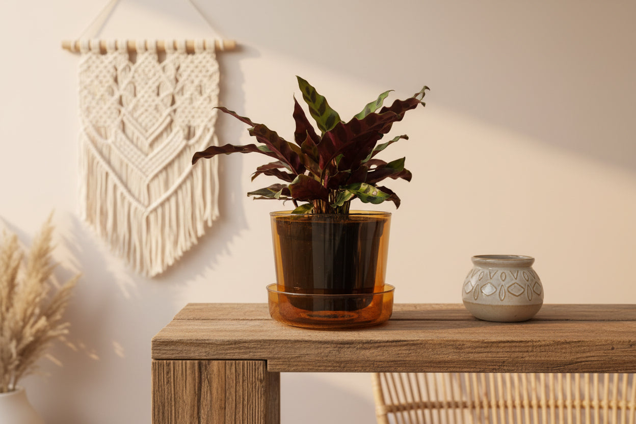 Amber Glass Pot with Saucer